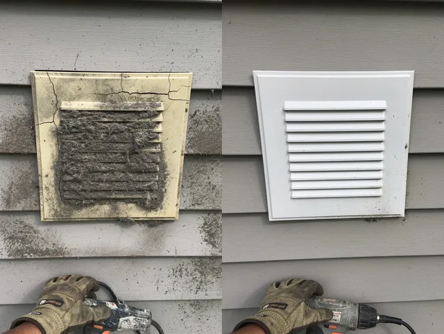 La Mirada Dryer Vent Cleaning technician installing high-quality dryer vent cover at a residential property in La Mirada
